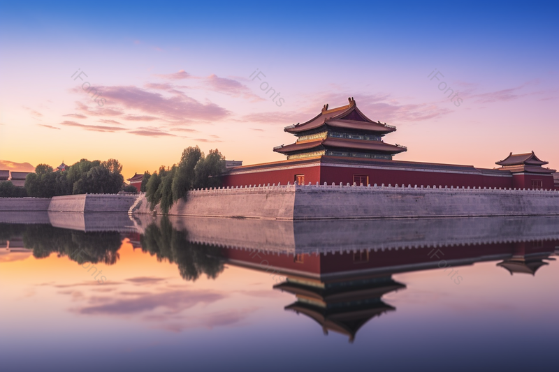 宫殿城墙城外美景护城河倒影蓝天晚霞风景如画城市摄影,高清,摄影图,摄影图片,图片大全,摄影图免费下载